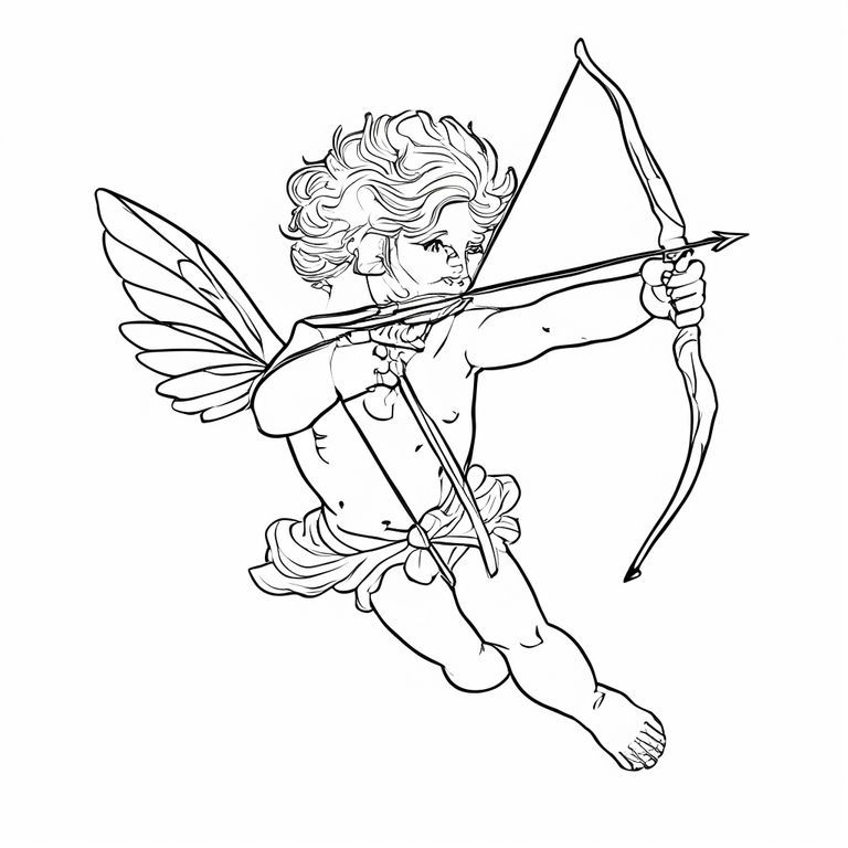 Cupid flying with bow and arrow, clean black outlines, Valentine theme, white background