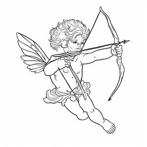 Cupid flying with bow and arrow, clean black outlines, Valentine theme, white background