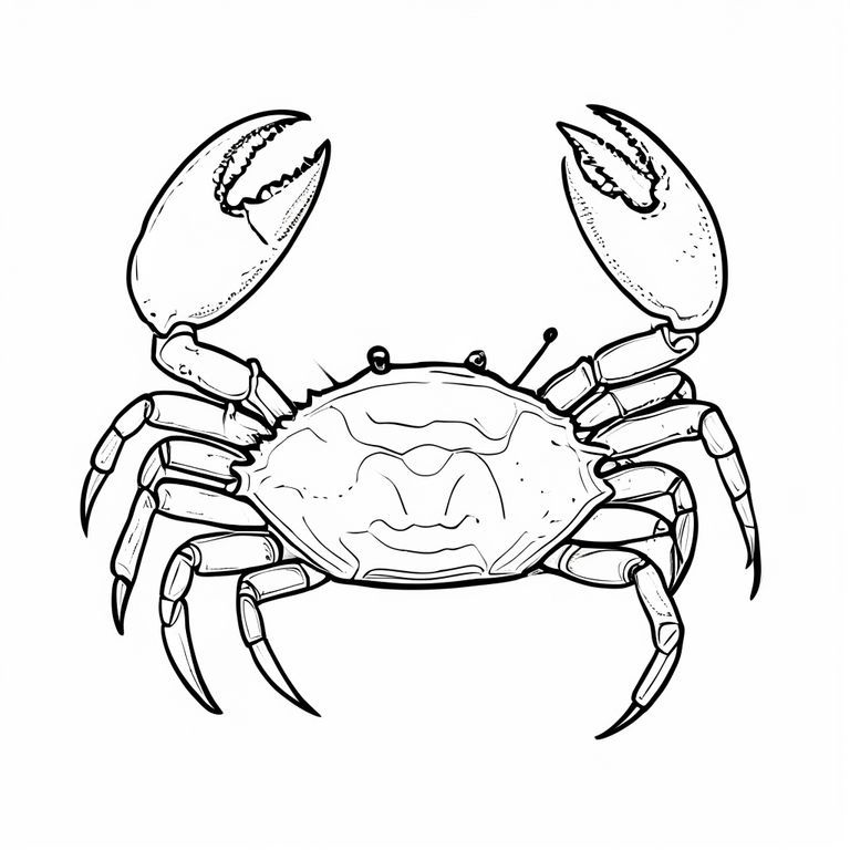 Hình minh họa nghệ thuật đường nét đen trắng của một con cua ở giữa trang.
Phong cách: nghệ thuật đường nét đen trắng, đường viền dày đậm, không màu, nền trắng, hình dạng đơn giản, không đổ bóng, không có màu xám, chỉ nền trắng.
Các đường viền sạch sẽ, mịn màng, chi tiết tối thiểu.
Được thiết kế cho sách tô màu trẻ em, dễ tô màu, động vật ở giữa, có thể in, độ tương phản cao.