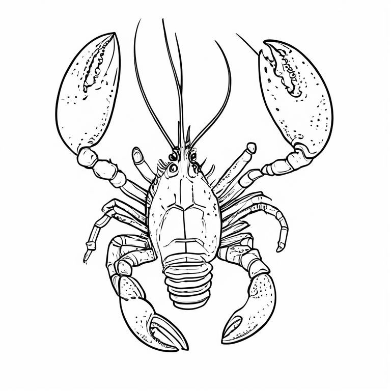Hình minh họa nghệ thuật đen trắng của một con tôm hùm ở giữa trang.
Phong cách: nghệ thuật đường nét đen trắng, đường viền dày đậm, không màu, nền trắng, hình dạng đơn giản, không đổ bóng, không có màu xám, chỉ nền trắng.
Các đường viền sạch sẽ, mịn màng, chi tiết tối thiểu.
Được thiết kế cho sách tô màu trẻ em, dễ tô màu, động vật ở giữa, có thể in, độ tương phản cao.