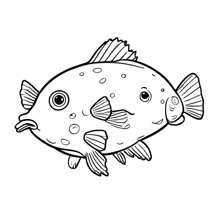 Black and white line art illustration of a pufferfish centered on the page.
Style: black and white line art, bold thick outlines, no color, white background, simple shapes, no shading, no gray, white background only.
Clean, smooth contours, minimal details.
Designed for a kids coloring book, easy to color, centered animal, printable, high contrast.