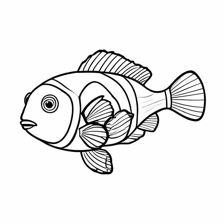 Black and white line art illustration of a clownfish centered on the page.
Style: black and white line art, bold thick outlines, no color, white background, simple shapes, no shading, no gray, white background only.
Clean, smooth contours, minimal details.
Designed for a kids coloring book, easy to color, centered animal, printable, high contrast.