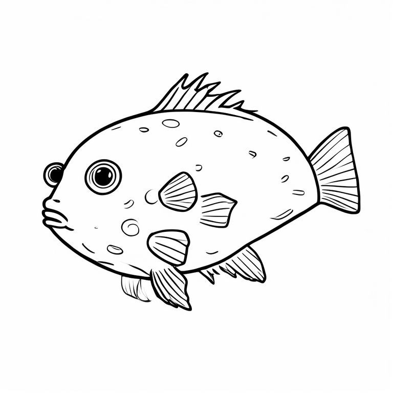 Black and white line art illustration of a puffer fish centered on the page.
Style: black and white line art, bold thick outlines, no color, white background, simple shapes, no shading, no gray, white background only.
Clean, smooth contours, minimal details.
Designed for a kids coloring book, easy to color, centered animal, printable, high contrast.