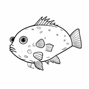 Black and white line art illustration of a puffer fish centered on the page.
Style: black and white line art, bold thick outlines, no color, white background, simple shapes, no shading, no gray, white background only.
Clean, smooth contours, minimal details.
Designed for a kids coloring book, easy to color, centered animal, printable, high contrast.