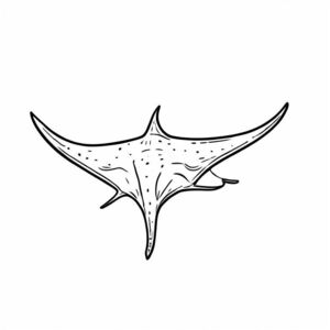 Black and white line art illustration of a sting ray centered on the page.
Style: black and white line art, bold thick outlines, no color, white background, simple shapes, no shading, no gray, white background only.
Clean, smooth contours, minimal details.
Designed for a kids coloring book, easy to color, centered animal, printable, high contrast.