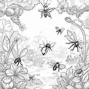 A landscape of a garden or forest featuring a honeybee, lady bug, dragon fly, butterfly, grasshopper, beetle, worm, praying mantis, spider and ants. Perfect for older kids.