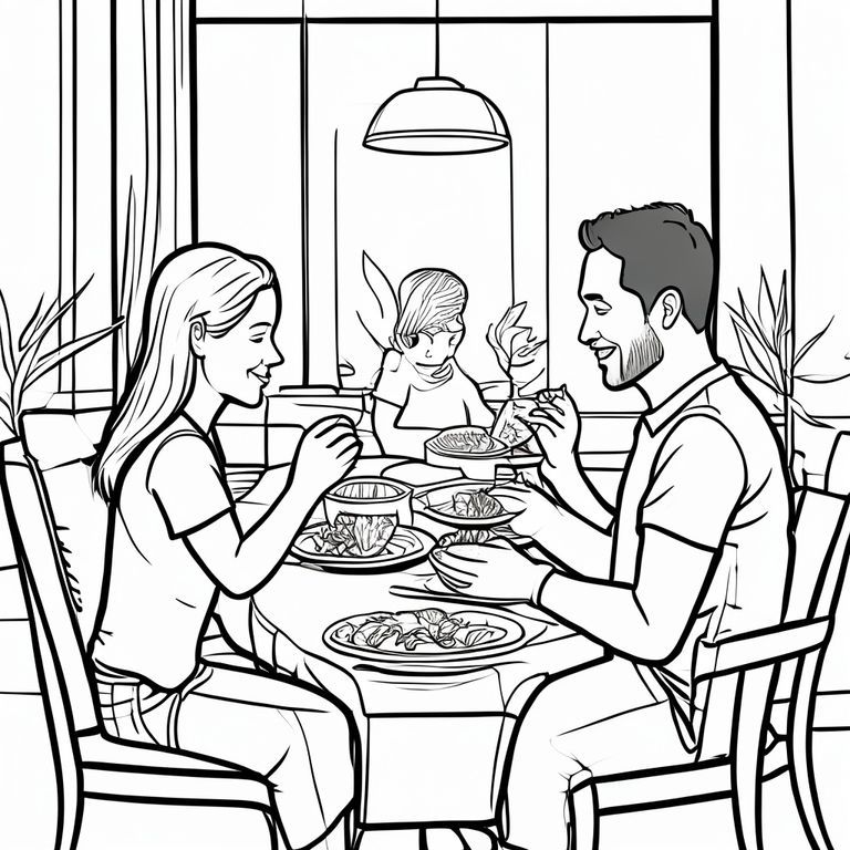 a family of four sitting inside a hotel eating dinner