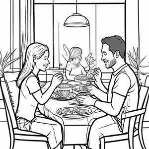 a family of four sitting inside a hotel eating dinner