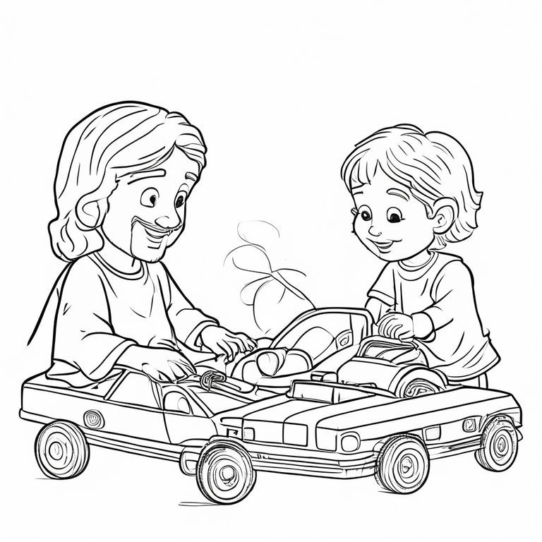 Chúa Giêsu và một đứa trẻ 4 tuổi đang chơi với những chiếc xe bánh xe nóng