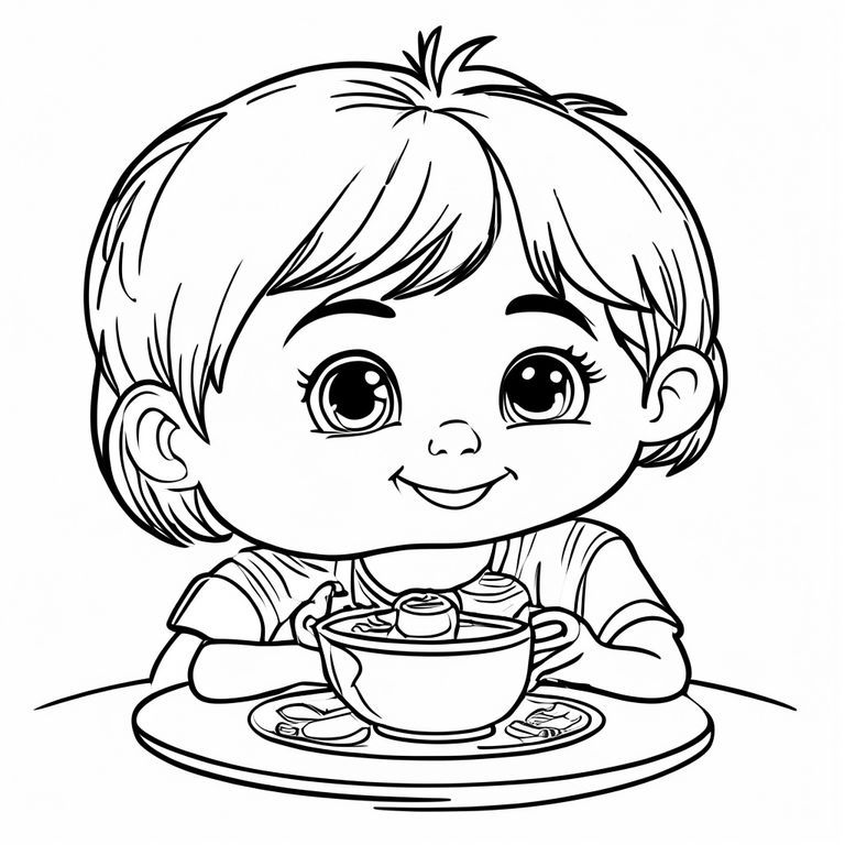 Hình ảnh bé gái 6 tuổi tóc ngắn đang tiệc trà. Làm cho nó giống như hình ảnh hoạt hình