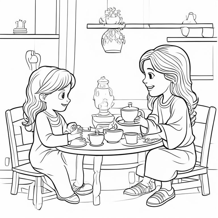 Chúa Giêsu chơi tiệc trà với một bé gái trong phòng chơi của cô ấy. Thời trang thể loại hoạt hình