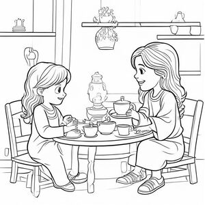 Chúa Giêsu chơi tiệc trà với một bé gái trong phòng chơi của cô ấy. Thời trang thể loại hoạt hình