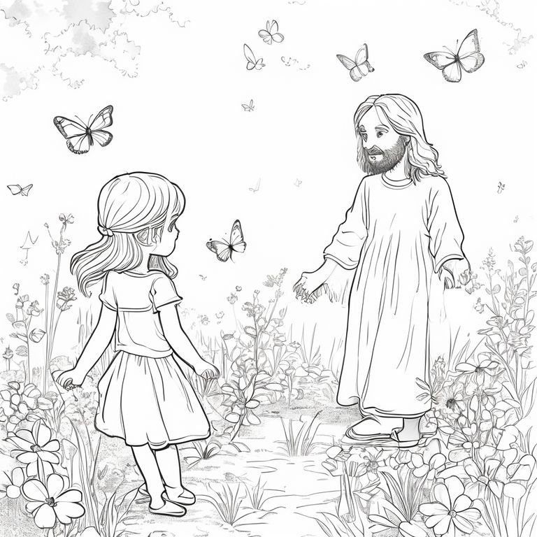 Bé gái 6 tuổi và Chúa Giêsu đi qua cánh đồng hoa và bướm