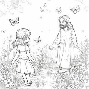 Bé gái 6 tuổi và Chúa Giêsu đi qua cánh đồng hoa và bướm