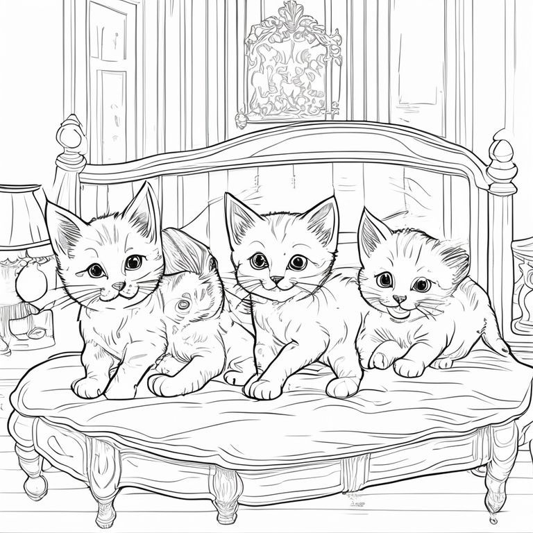 5 chú mèo con dễ thương nô đùa trên giường trong phòng ngủ phong cách thuộc địa