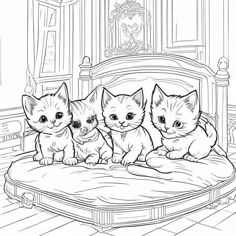 5 chú mèo con dễ thương đang lăn lộn trên chiếc giường lớn trong phòng ngủ theo phong cách thuộc địa