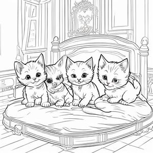 5 chú mèo con dễ thương đang lăn lộn trên chiếc giường lớn trong phòng ngủ theo phong cách thuộc địa