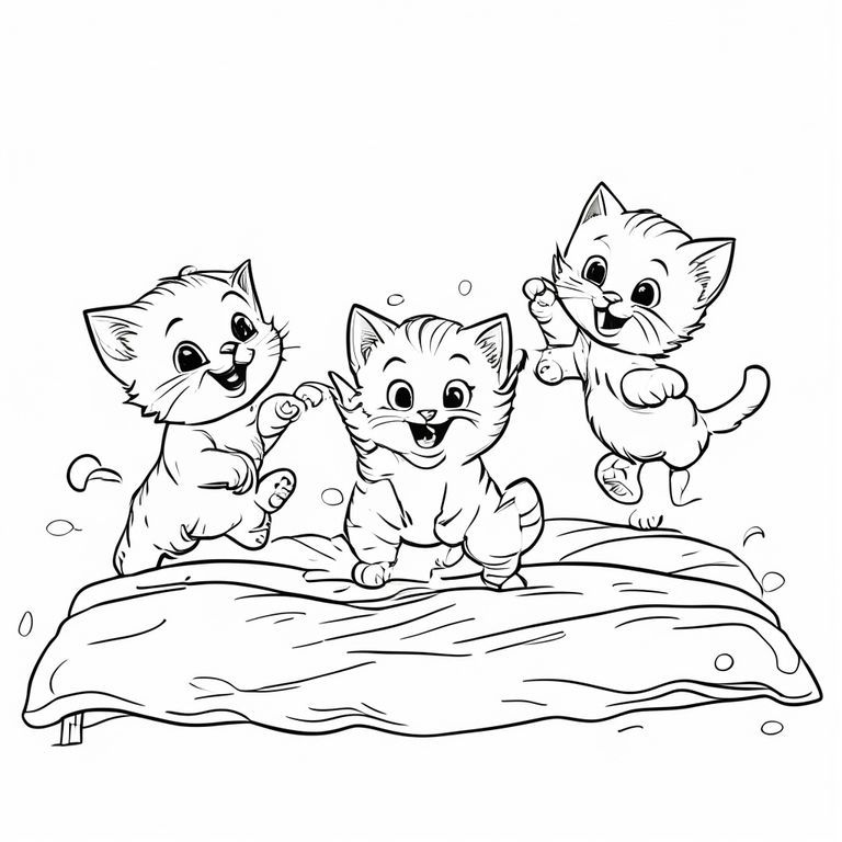 Ba chú mèo con nhảy lên giường và một con đang lộn ngược