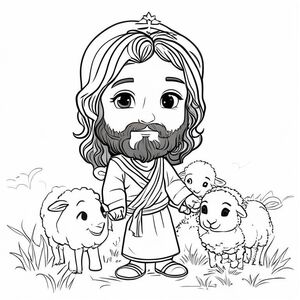 Phong cách chibi Chúa Giêsu như một người chăn cừu với những con cừu xung quanh Ngài