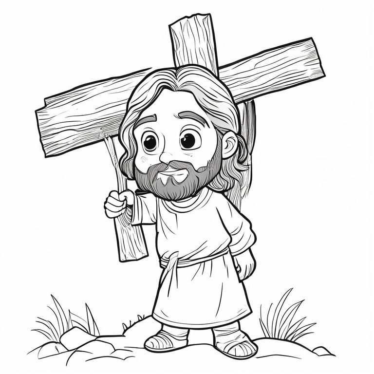Chúa Giêsu chăm sóc cây thánh giá trên vai cho tôi Sách tô màu trẻ em, phong cách chibi