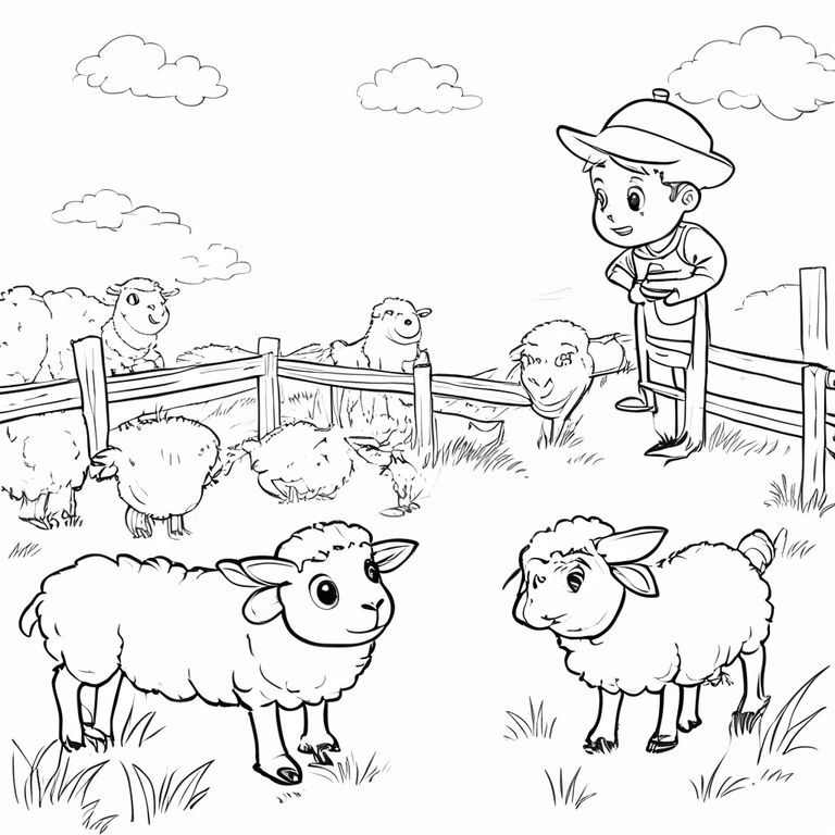 Một đàn cừu trong chuồng được theo dõi bởi một người chăn cừu, theo phong cách chibi