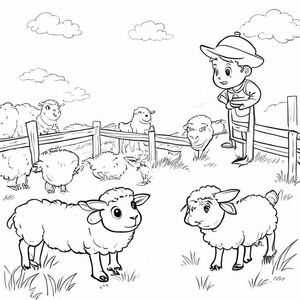 Một đàn cừu trong chuồng được theo dõi bởi một người chăn cừu, theo phong cách chibi