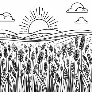 A black and white drawing of a field of wheat