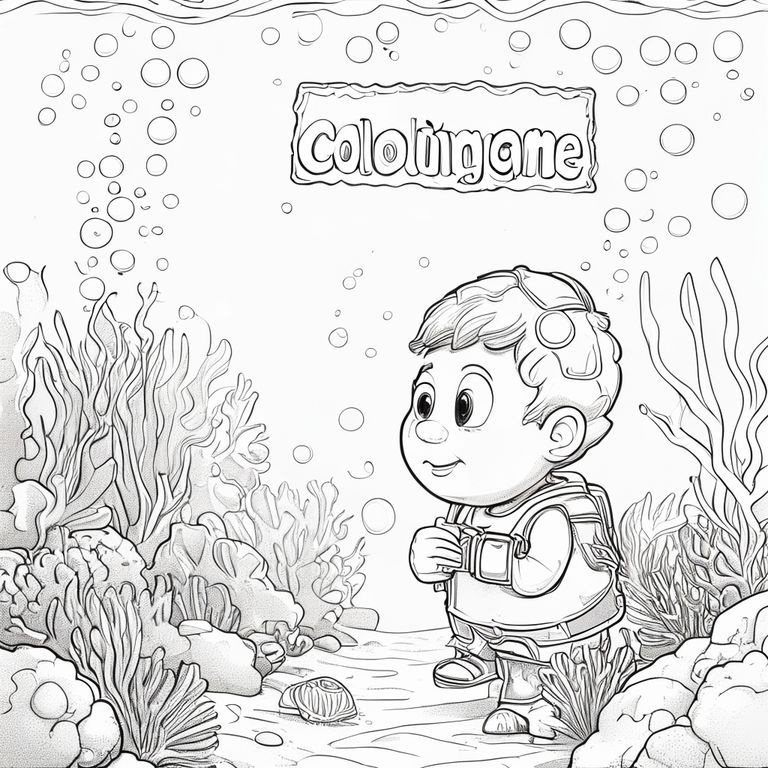 Chế độ xem hồ sơ của một 하츄핑 thân thiện, cầm một tấm biển có dòng chữ "ColoringMe" được viết bằng chữ bong bóng màu trắng, trong hồ sơ, trong vương quốc rạn san hô dưới nước, theo phong cách siêu thực