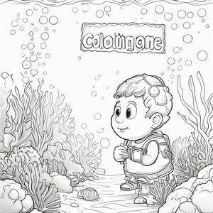 Chế độ xem hồ sơ của một 하츄핑 thân thiện, cầm một tấm biển có dòng chữ "ColoringMe" được viết bằng chữ bong bóng màu trắng, trong hồ sơ, trong vương quốc rạn san hô dưới nước, theo phong cách siêu thực