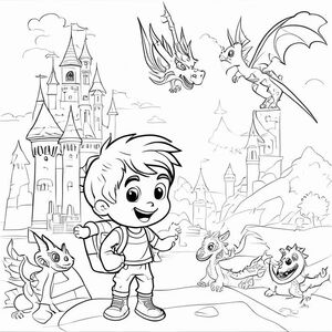 Black-and-white line art, kids coloring book, ages 4-9. Cartoon-style hero kid saving dragons, magical castles, choose-your-own pet animals, whimsical adventure scenes, comic-style panels, clear outlines for coloring, simple and imaginative, kid-friendly, no shading, playful and interactive.
