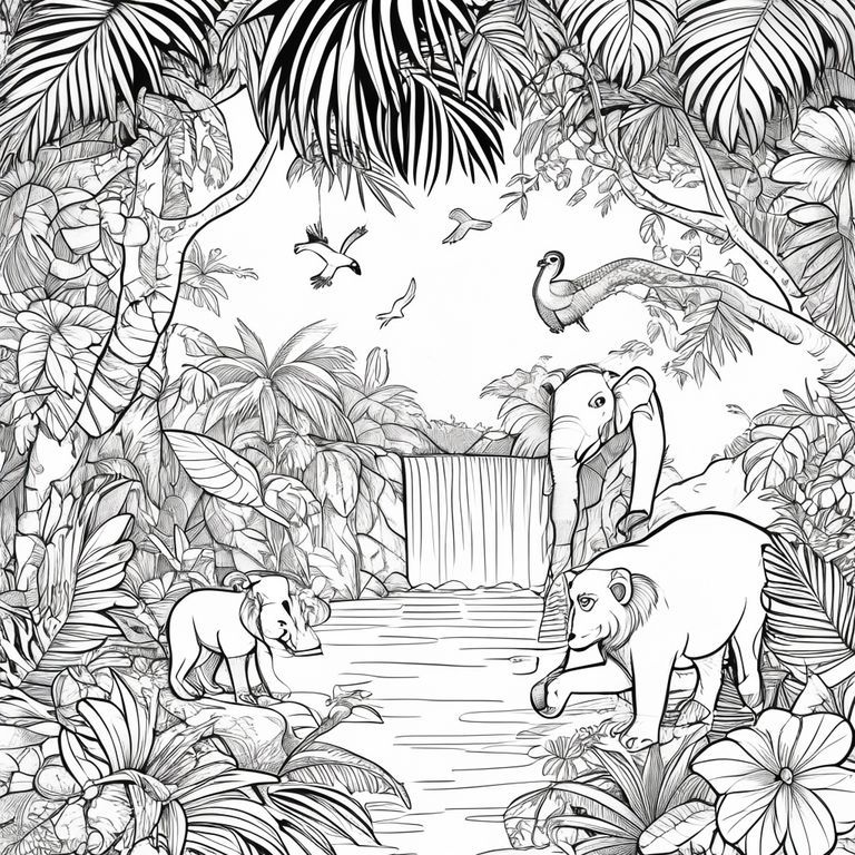 a tropical Forrest with monkeys in the lush trees, a snake hanging from tree, a lioness and her cub, an elephant, tropical birds, tropical flowers and plants,  a river with a large warerfall