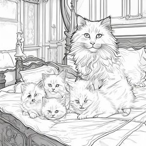 a mama cat with her kittens that are all playing and one doing flips. the cats are Persian beautiful with long hair. they are on the bed in the colonial bedroom. 