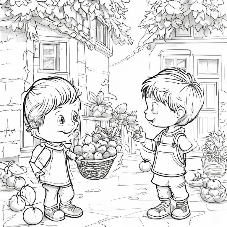 Coloring book page, cartoon style. Neighborhood exchange scene: children share fruit and dates in a quiet street in front of a house. You can see details like the textures of the fruit and the simple patterns on the clothes. Clear composition, sharp edges, black and white, landscape format.