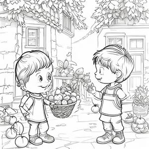 Coloring book page, cartoon style. Neighborhood exchange scene: children share fruit and dates in a quiet street in front of a house. You can see details like the textures of the fruit and the simple patterns on the clothes. Clear composition, sharp edges, black and white, landscape format.