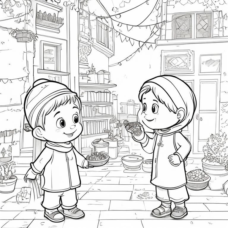 Coloring book page, cartoon style. Neighborhood exchange scene: Children share food and dates in a quiet street decorated with Islamic decorations in front of a house. You can see details like the simple patterns on the clothes. Clear composition, sharp edges, black and white, landscape format. it's ramadan