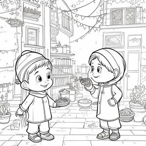 Coloring book page, cartoon style. Neighborhood exchange scene: Children share food and dates in a quiet street decorated with Islamic decorations in front of a house. You can see details like the simple patterns on the clothes. Clear composition, sharp edges, black and white, landscape format. it's ramadan