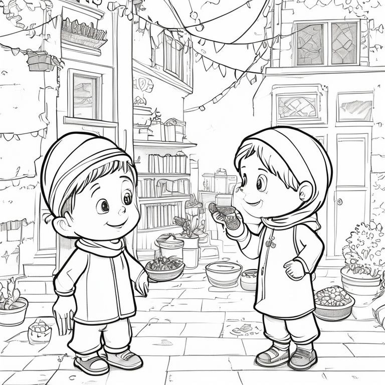 Coloring book page, cartoon style. Neighborhood exchange scene: Children share food and dates in a quiet street decorated with Islamic decorations in front of a house. You can see details like the simple patterns on the clothes. Clear composition, sharp edges, black and white, landscape format. It's Ramadan