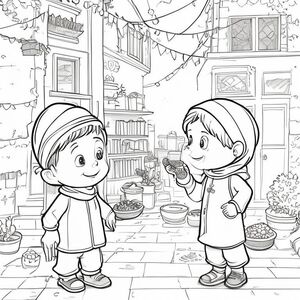 Coloring book page, cartoon style. Neighborhood exchange scene: Children share food and dates in a quiet street decorated with Islamic decorations in front of a house. You can see details like the simple patterns on the clothes. Clear composition, sharp edges, black and white, landscape format. It's Ramadan