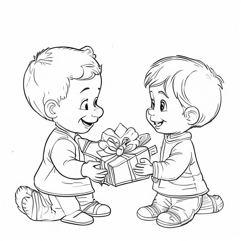 A coloring illustration for children, clear and clean line style. A smiling child kindly hands a teddy bear and a nicely wrapped book to another child. A scene of sharing and friendship. White background, thick black lines, no shadows, high-resolution format. It's Ramadan