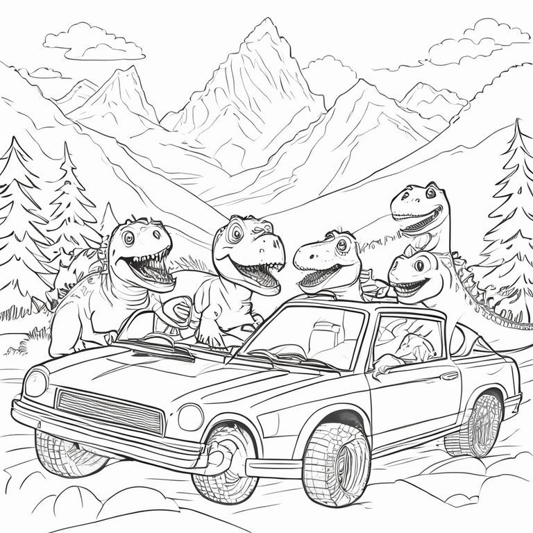 Several dinosaurs are driving fast cars by the mountains, and they are on the way to wish you happy vaentines day 