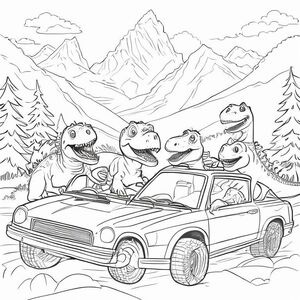 Several dinosaurs are driving fast cars by the mountains, and they are on the way to wish you happy vaentines day 