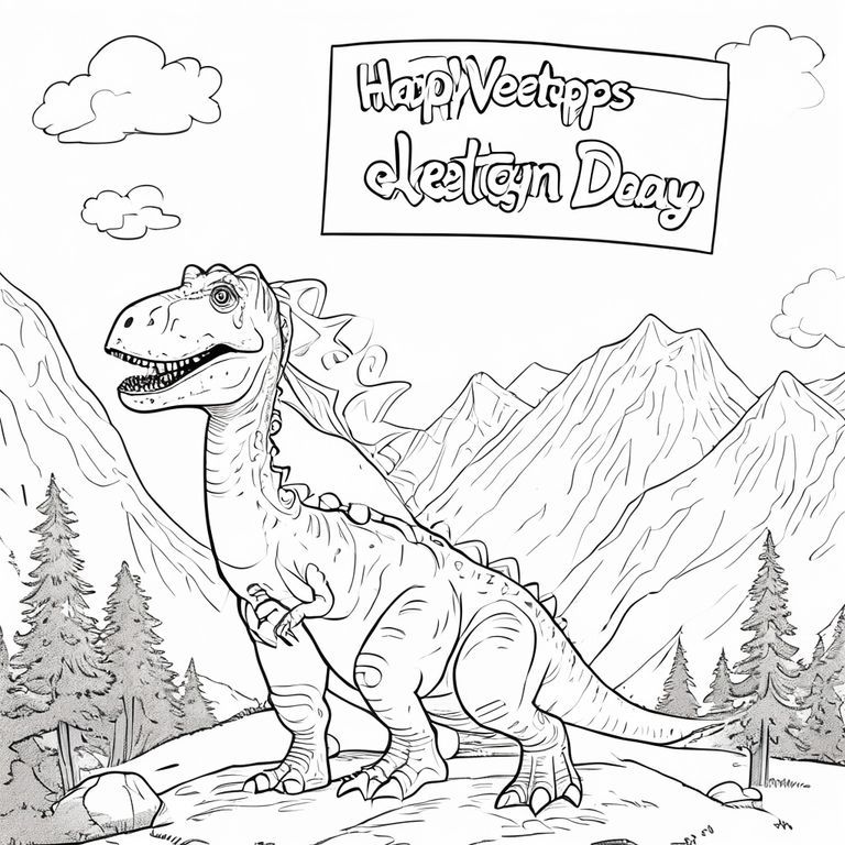 A profile view of a friendly dinosaur, holding a sign with "Happy Valentines Day Greyson" written in white bubble letters, in profile, in a mountain kingdom, surrealist style, big bold lines 