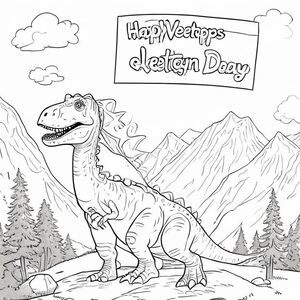 A profile view of a friendly dinosaur, holding a sign with "Happy Valentines Day Greyson" written in white bubble letters, in profile, in a mountain kingdom, surrealist style, big bold lines 