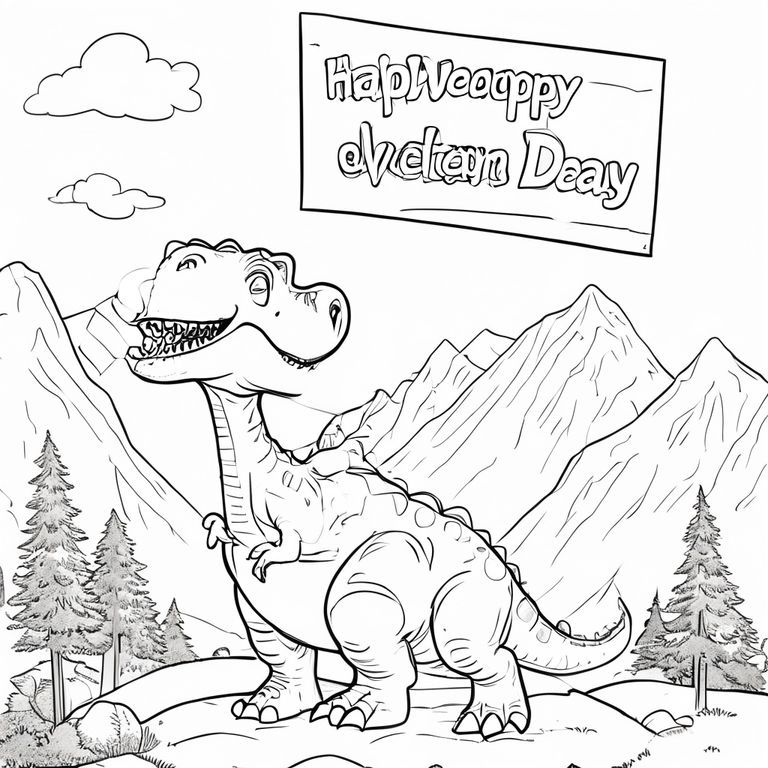 A profile view of a friendly dinosaur, holding a sign with "Happy Valentines Day Greyson" written in white bubble letters, in profile, in a mountain kingdom,, big bold lines 