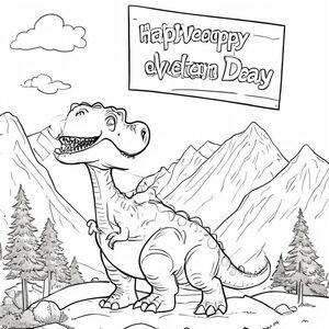 A profile view of a friendly dinosaur, holding a sign with "Happy Valentines Day Greyson" written in white bubble letters, in profile, in a mountain kingdom,, big bold lines 