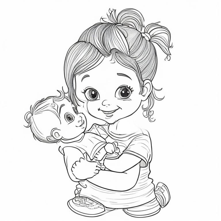 Một cô bé rất nhỏ với mái tóc đuôi ngựa, bế em trai