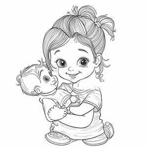 Một cô bé rất nhỏ với mái tóc đuôi ngựa, bế em trai