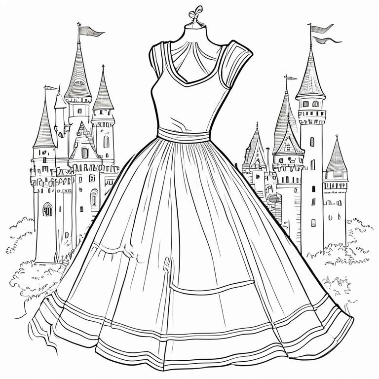 Cho tôi một chiếc váy mà tôi có thể tô màu với nền của một lâu đài