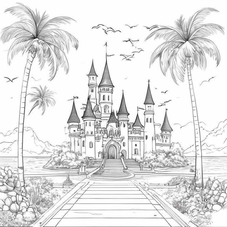 For my cover page I would love a whimsical beautiful castle with birds in the distance, four very tall and skinny palm trees on each side of the walk way with a fountain in the midlle and a dolphne ice sculpture. I would like it called the enchanging princess coloring pages

