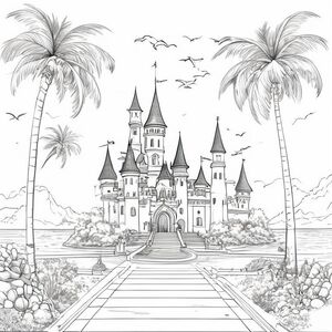 For my cover page I would love a whimsical beautiful castle with birds in the distance, four very tall and skinny palm trees on each side of the walk way with a fountain in the midlle and a dolphne ice sculpture. I would like it called the enchanging princess coloring pages
